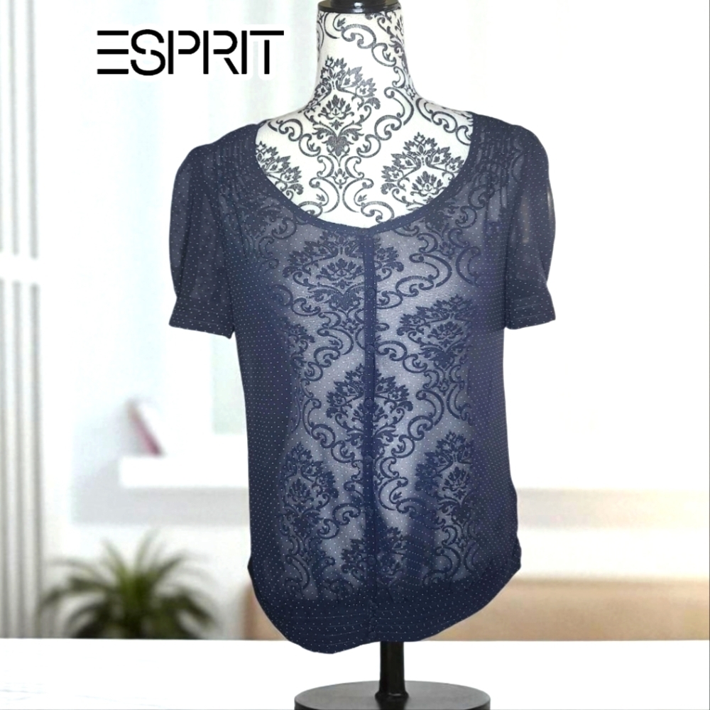 DE.CORP by ESPRIT Black Sheer Polka Dot Blouse - Small